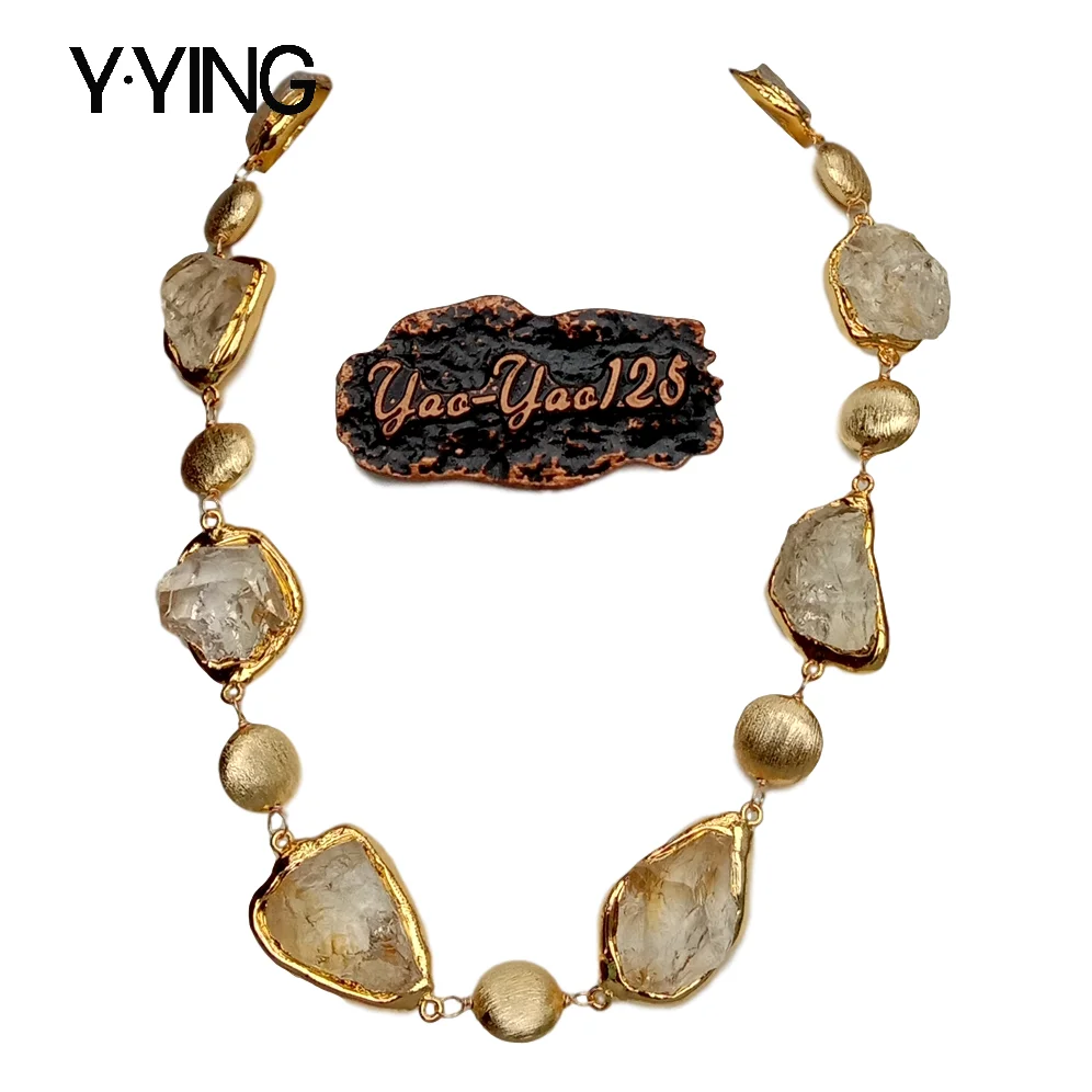 Y·YING Natural Citrines Raw Rough pave Gold color Plated Edge Brushed Bead choker Necklace 21" for women 1