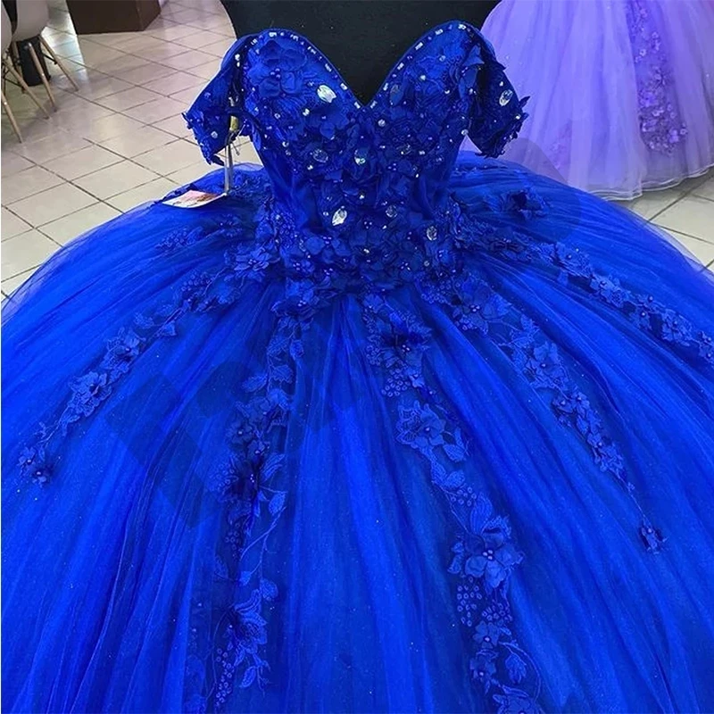 

ANGELSBRIDEP Королевский синий 3D цветочные платья Quinceanera Роскошная кристальная аппликация Принцесса День рождения искусственные платья 15 лет корсет