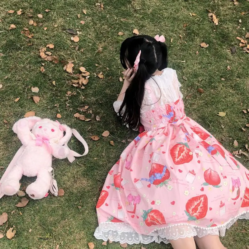 

Palace Style Kawaii Rabbit Strawberry Honey Peach Lolita Japanese Jsk Lolita Dress Daily JK Harajuku Dress Girl Lovely spot