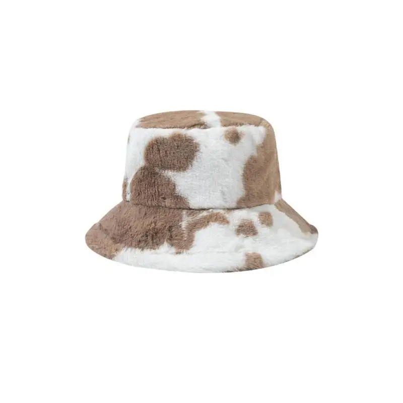 Fashion Winter Cow Print Women Bucket Hat Faux Fur Outdoor Lady Fisherman Fluffy Panama Warm Female Flat Cap Plush Furly U8k8 fisherman hat