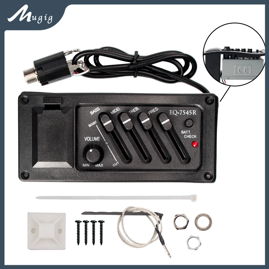 

4 Band Acoutic Guitar Preamp Amplifier EQ Piezo Pickup Pre-Amp Unit Acoustic Guitar EQ-7545R Pickup 6.5MM Output