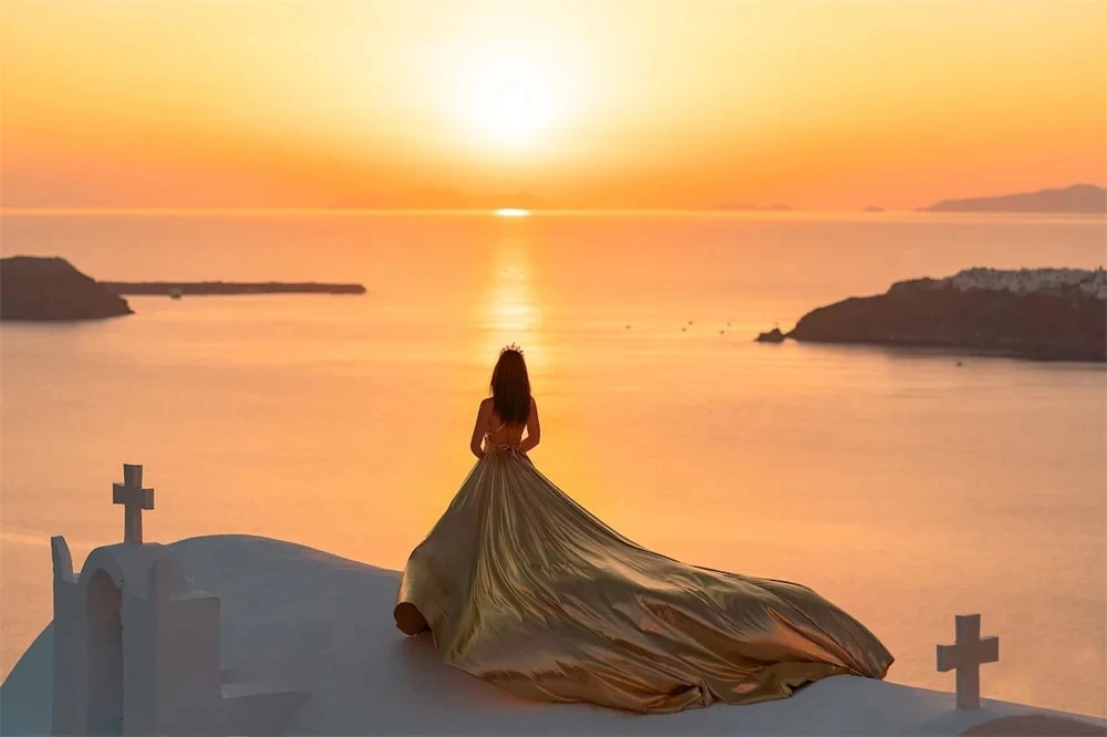 Gold Flying Evening Dresses for Photoshoot Formal Backless Long Flowy Prom Dress Charming Side Split Santorini Robe De Soiree