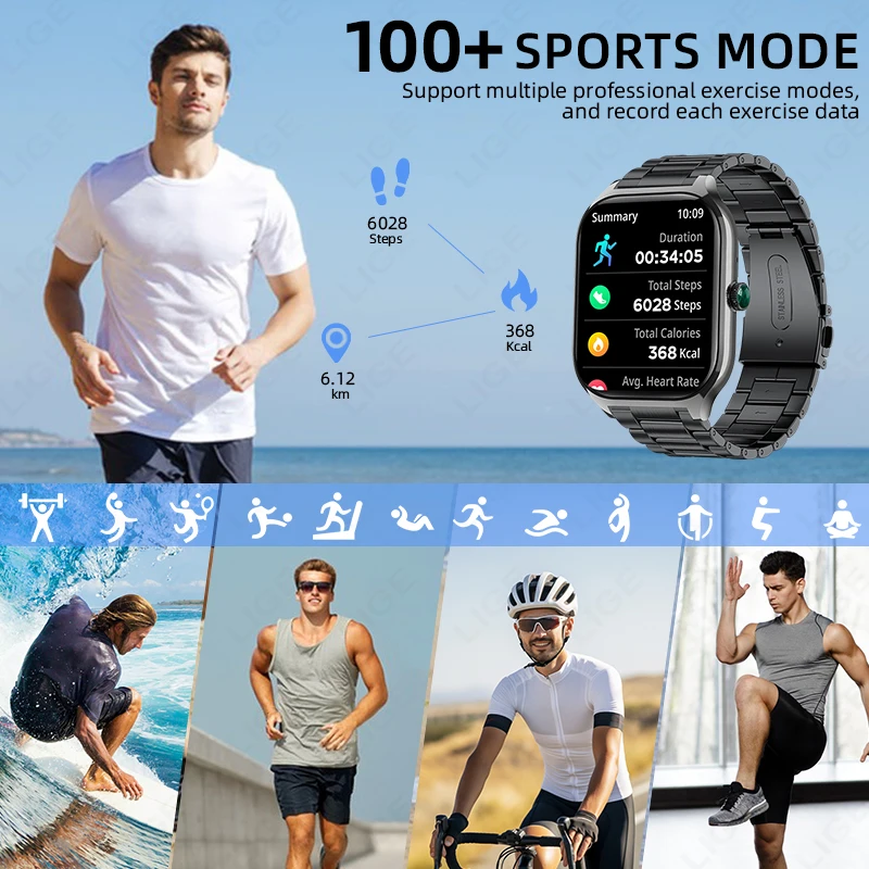 LIGE 2.01" Smart Watch 2025 For Android iOS Gift Bluetooth Call Smartwatch Touch Dial Music Fitness Tracker Sports Watches New
