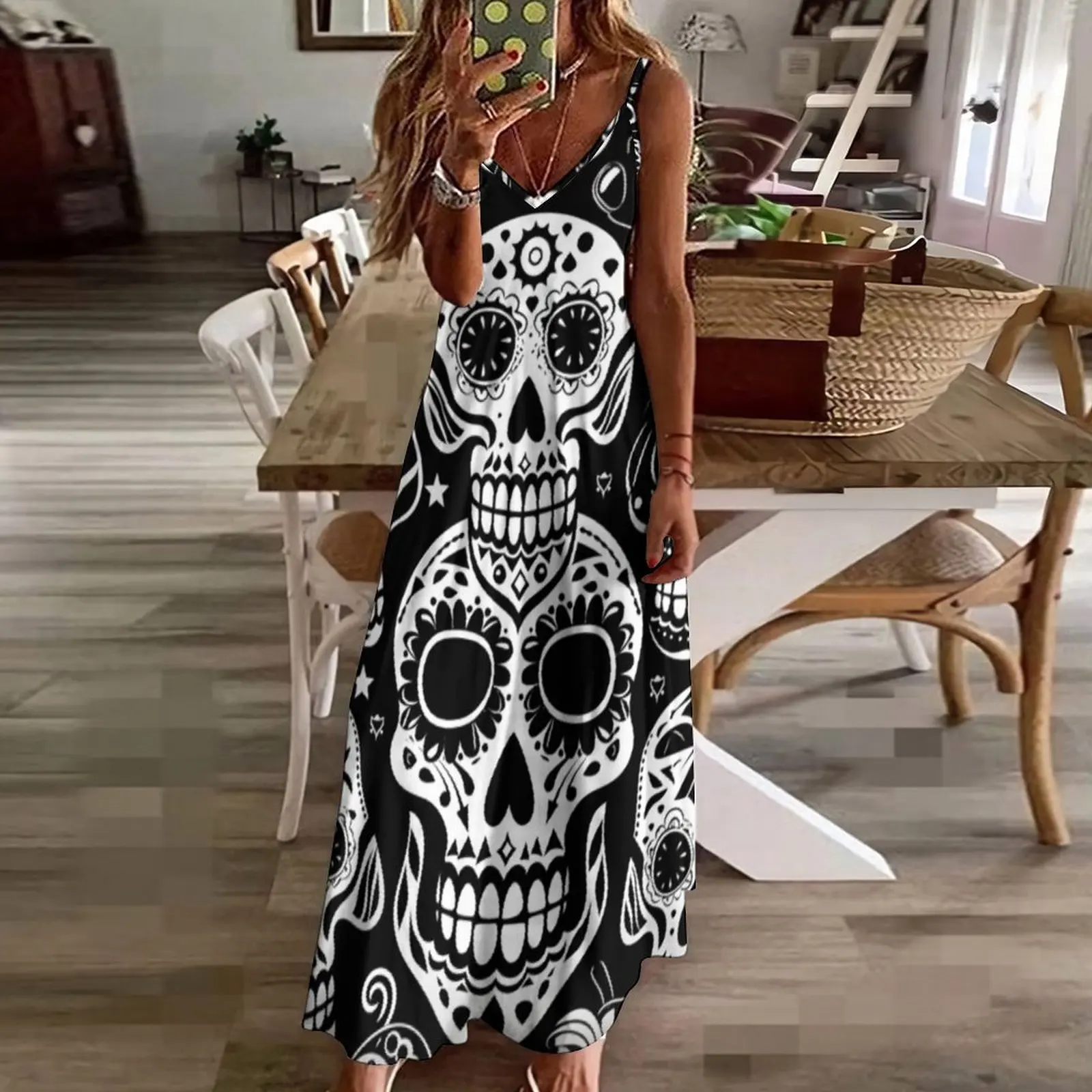 

Summer Dresses for Women 2023 Loose Fit High Waist V-Neck Vestidos Cami Strap Halloween Skull Print Casual Women Maxi Dress