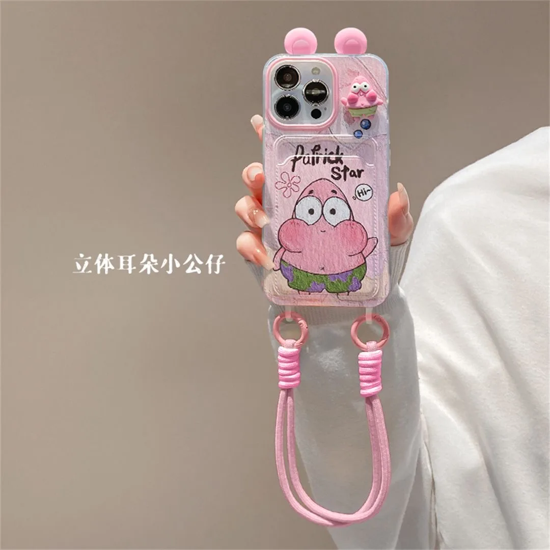 Patrick Star Cartoon Soft Phone Case with Pothook Card Holder and Lanyard