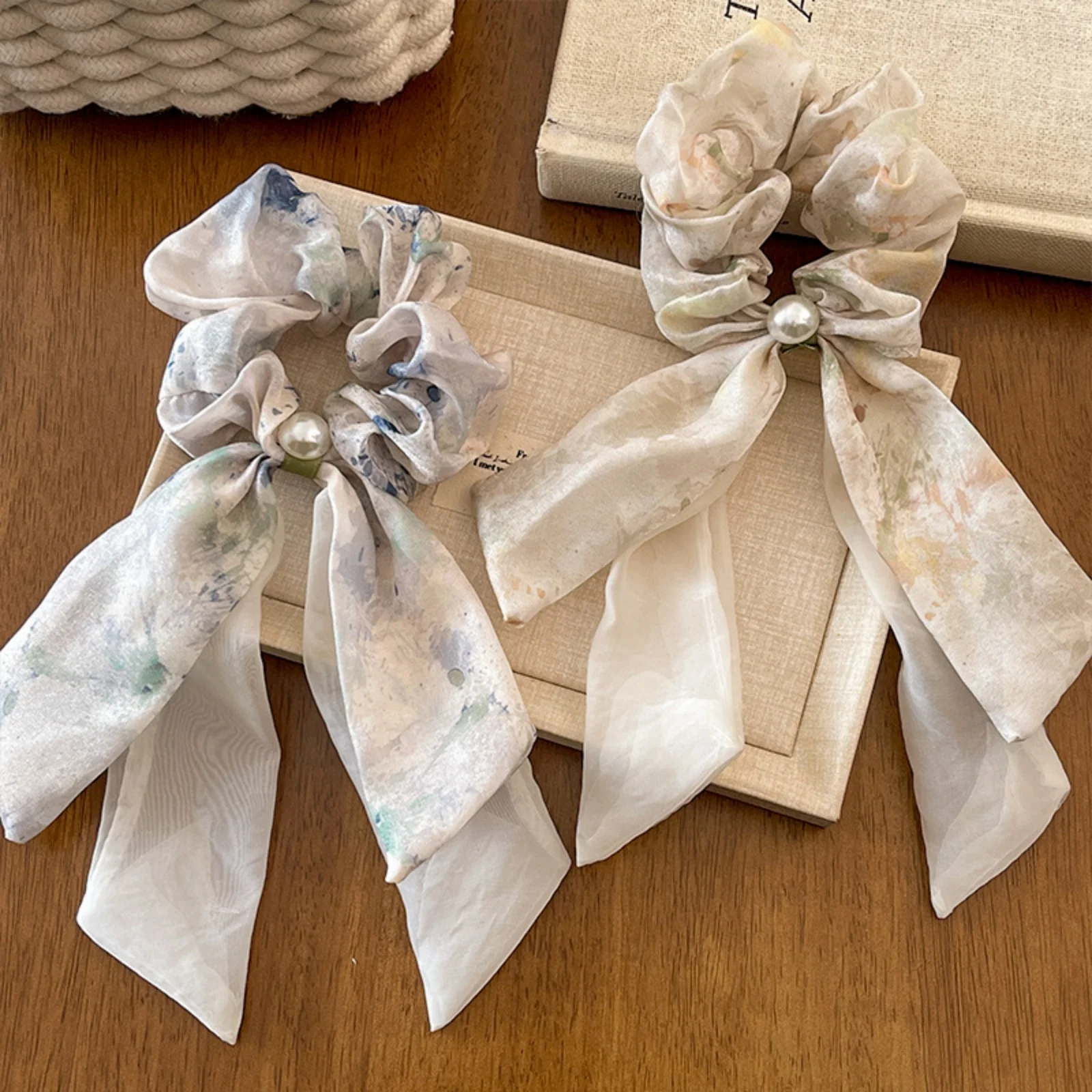 1PC Chiffon Scrunchies with Bow & Pearl: Watercolor Print Hair Ties for Women, Elegant Hair Accessories for Daily & Party Looks
