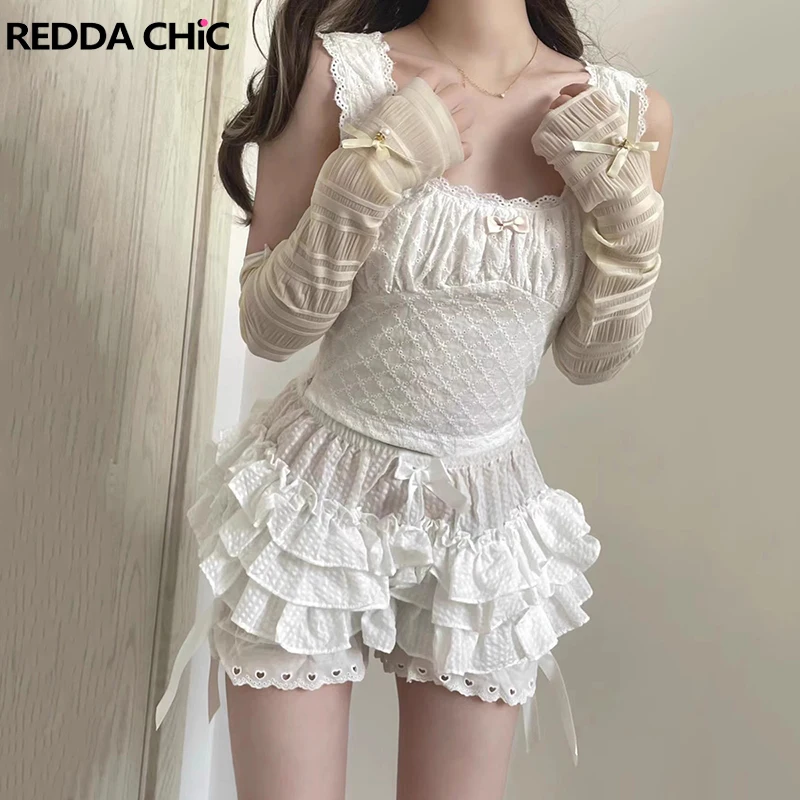 

ReddaChic Lolita Layered Ruffle White Bloomers Women Puffy Elastic Waist Skorts Lace Trim Bowtie Pumpkin Shorts Cosplay Costumes