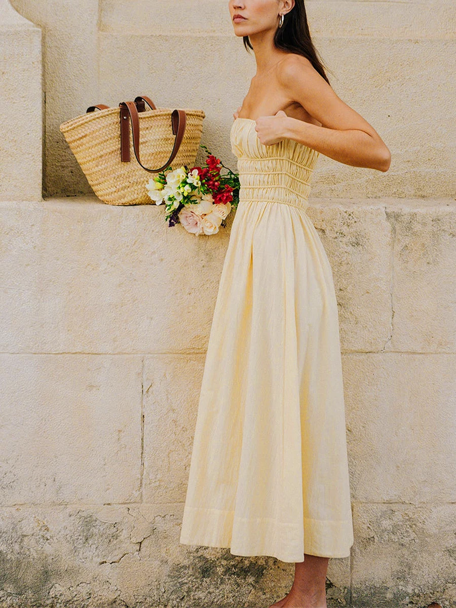 

Women Ruched Strapless Dress Solid Color Summer Backless A-Line Party Dress for Cocktail Streetwear Aesthetic Clothes