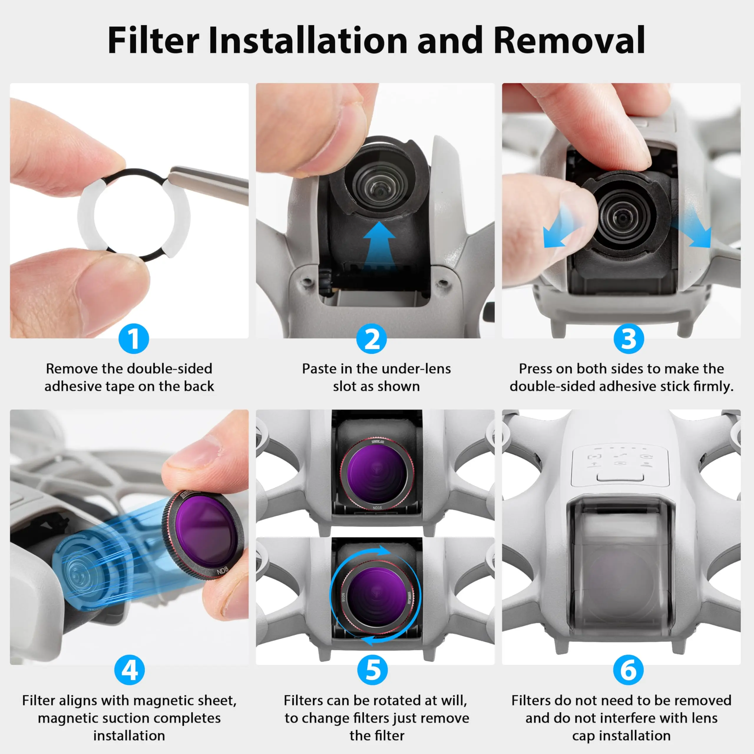 Filtres ND et UV magnétiques pour DJI Neo, empilés pour illustrer leur compatibilité et leur design fin.