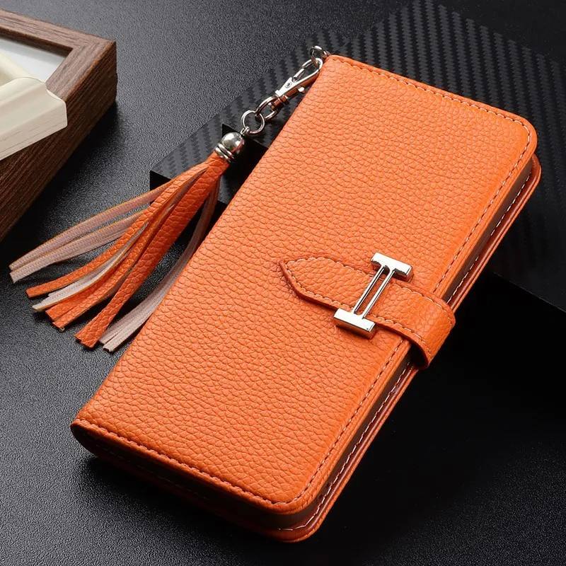 

Luxury Litchi Leather Filp Cases For iPhone 15 14 13 12 11 Pro Max Xs 8 Plus Brand Wallet Cover Cute Dangler Phone Accessory Bag