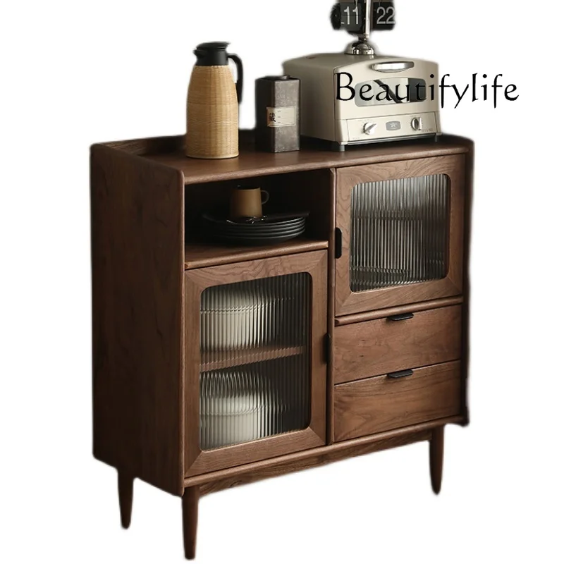 

Nordic and Japanese Style Black Walnut Dining Side Solid Wood Cherrywood Changhong Glass Household Wall Side Storage Cabinet