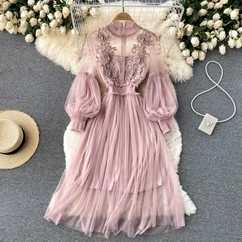 Lace Flower Mesh Dress for Women Lantern Sleeve White Long Dresses for Party Vintage Elegant Dress 2 Piece Sets New 12041