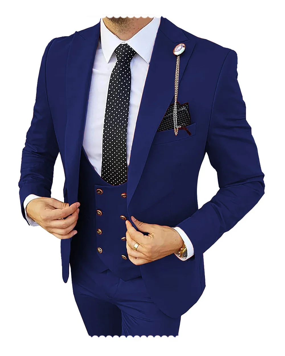 Formal Men 3 Pieces Tuxedos Slim Fit Business Suits Groom Champagne Tuxedos Wedding Suit (Blazer+Pants+Vest) dark blue navy blue