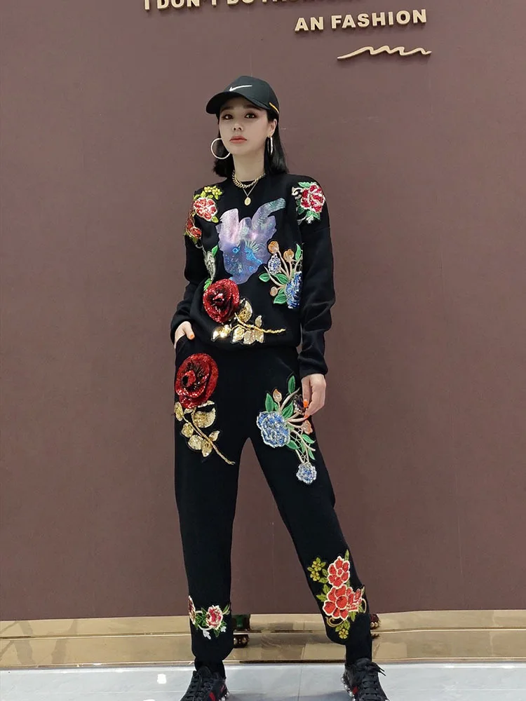 

High quality sequins beading knit suits female heavy industry beading flowers long sleeve sweater + pant two pieces sets