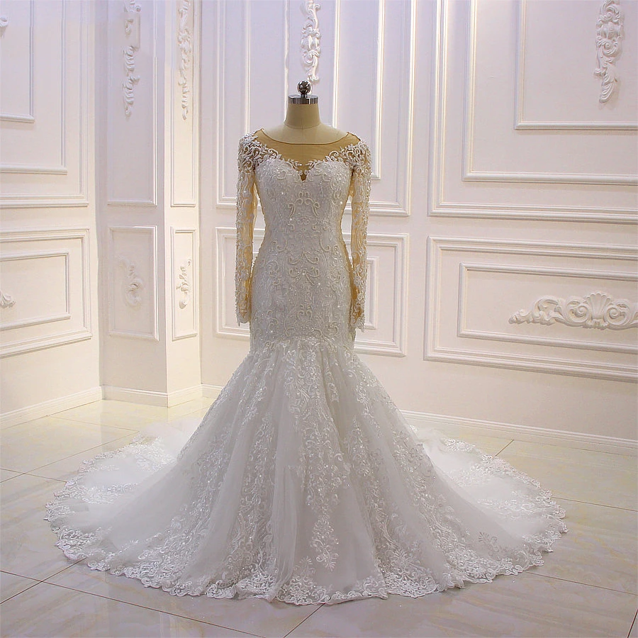 

Graceful Scoop Neck Mermaid Lace Appliqued Beaded Wedding Dresses Long Sleeve Arabic African Garden Corset Back Bridal Gowns