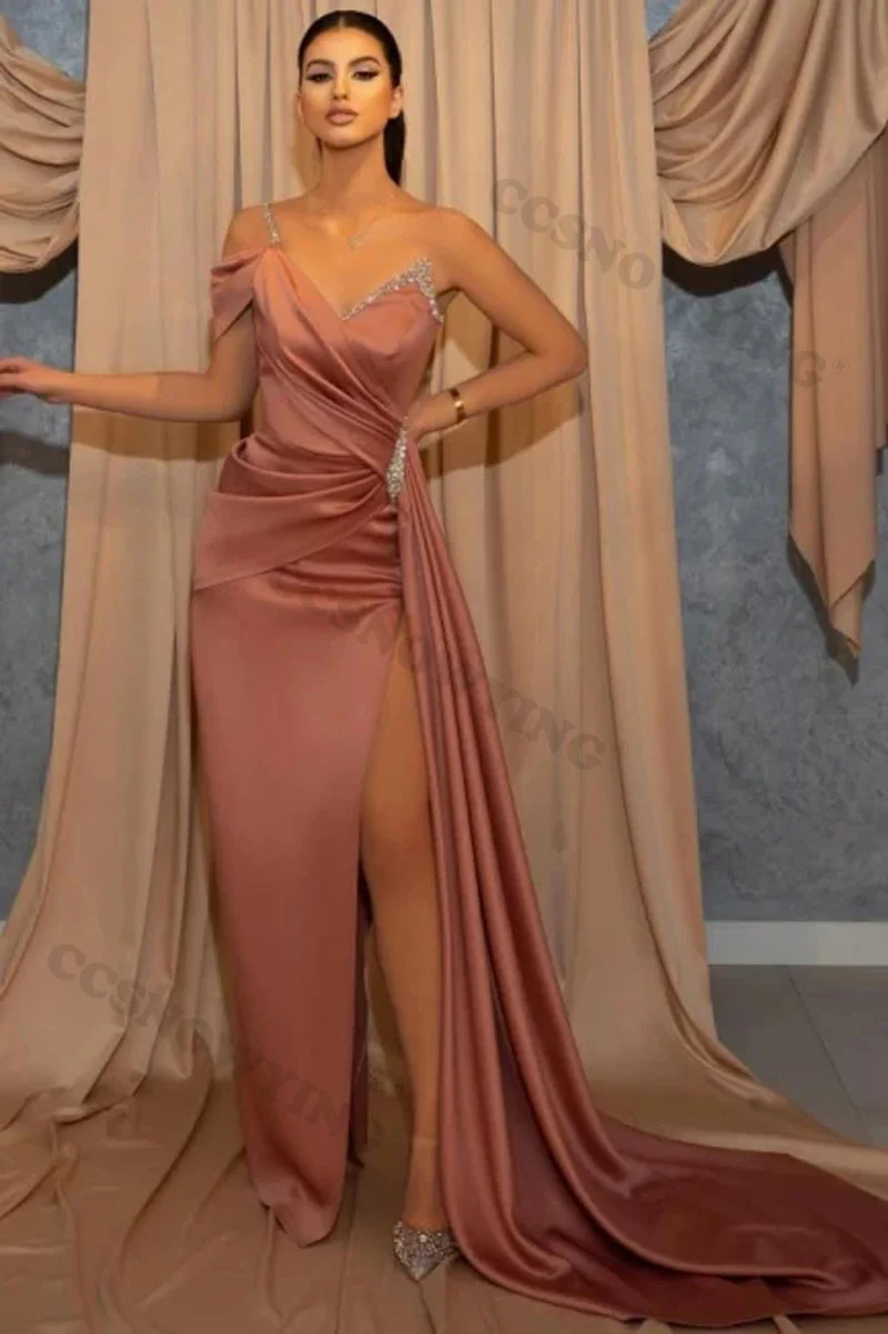 

Sexy One Shoulder Prom Dress Satin Beaded with Slit Evening Dresses Women Formal Party Gowns Robes De Soirée