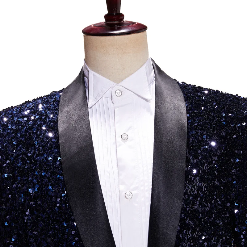 Mens Shiny Sequin Blazer Jacket Party Wedding Nightclub Glitter Shawl Lapel Tuxedo Blazer Navy Blue Stage Prom Dress Suit Jacket 4