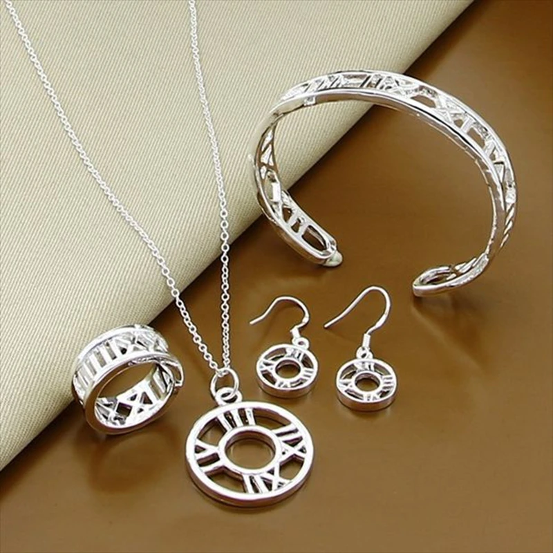 

925 Sterling Silver Roman Numeral Earrings Bracelet Necklace Ring Set For Women Wedding Engagement Fashion Charm Jewelry