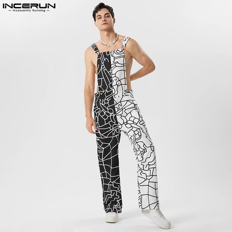 Denim overalls Men Jumpsuits Print Patchwork Sleeveless Streetwear Summer Suspenders Rompers Fashion Male Straps Overalls S-5XL INCERUN