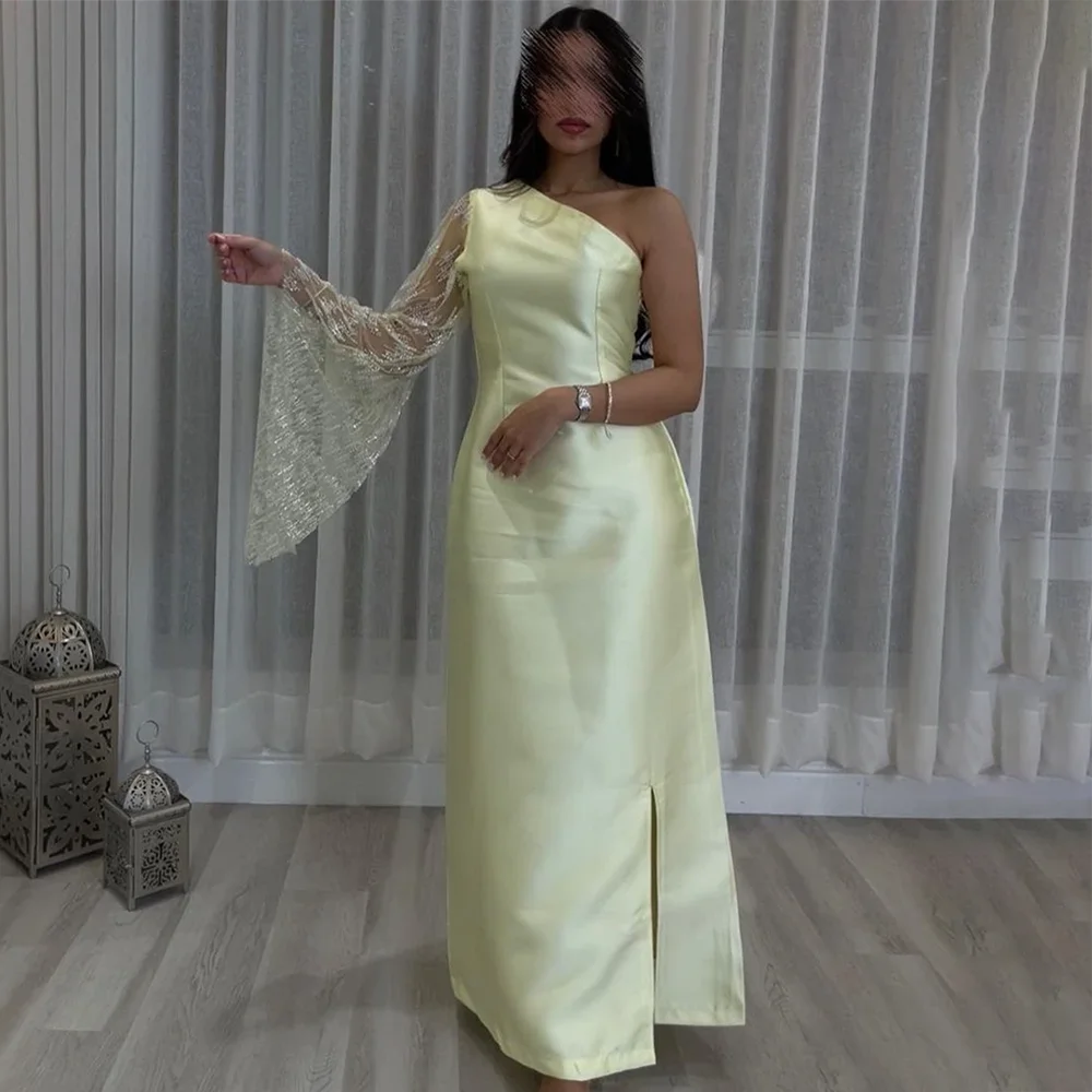 

Verngo Yellow One Shoulder Evening Dress A Line Side Slit Prom Gown Satin Saudi Arabic Dresses For Formal Occasion