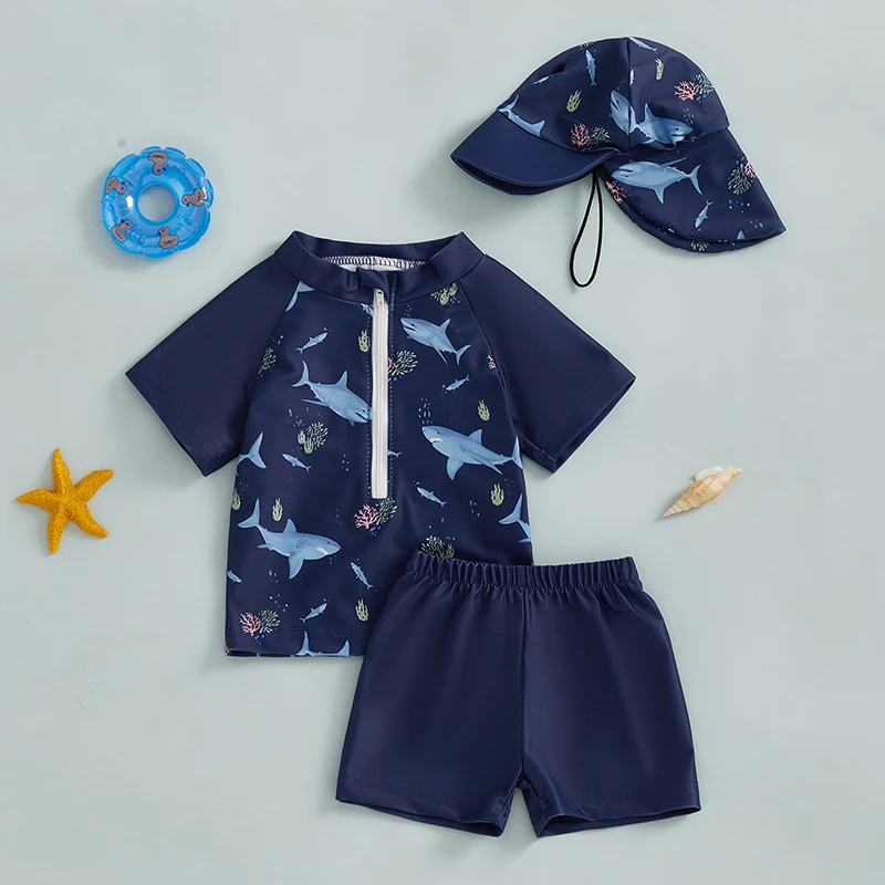 Toddler Baby Boys Swimsuit Set Summer Cute Print Zipper Short Sleeve Rash Guard and Swim Trunks and Hat Swimwear Beachwear