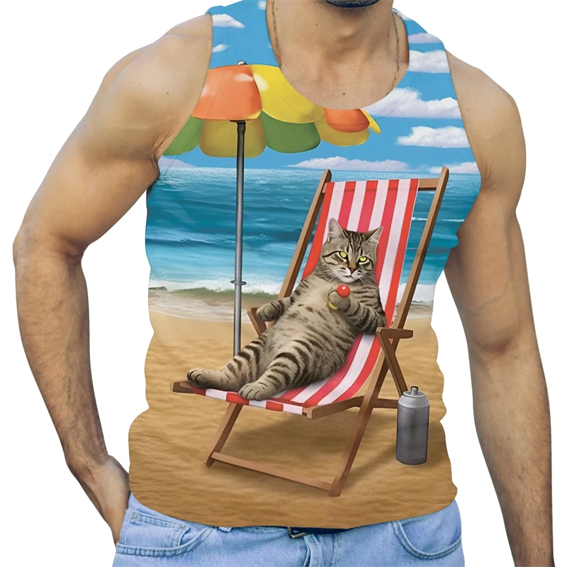 Funny Alien Cat 3D Print Tank Tops Men Clothing GYM Cartoon Animal Letter Vest Cool Sleeveless Harajuku Streetwear Tops Tees