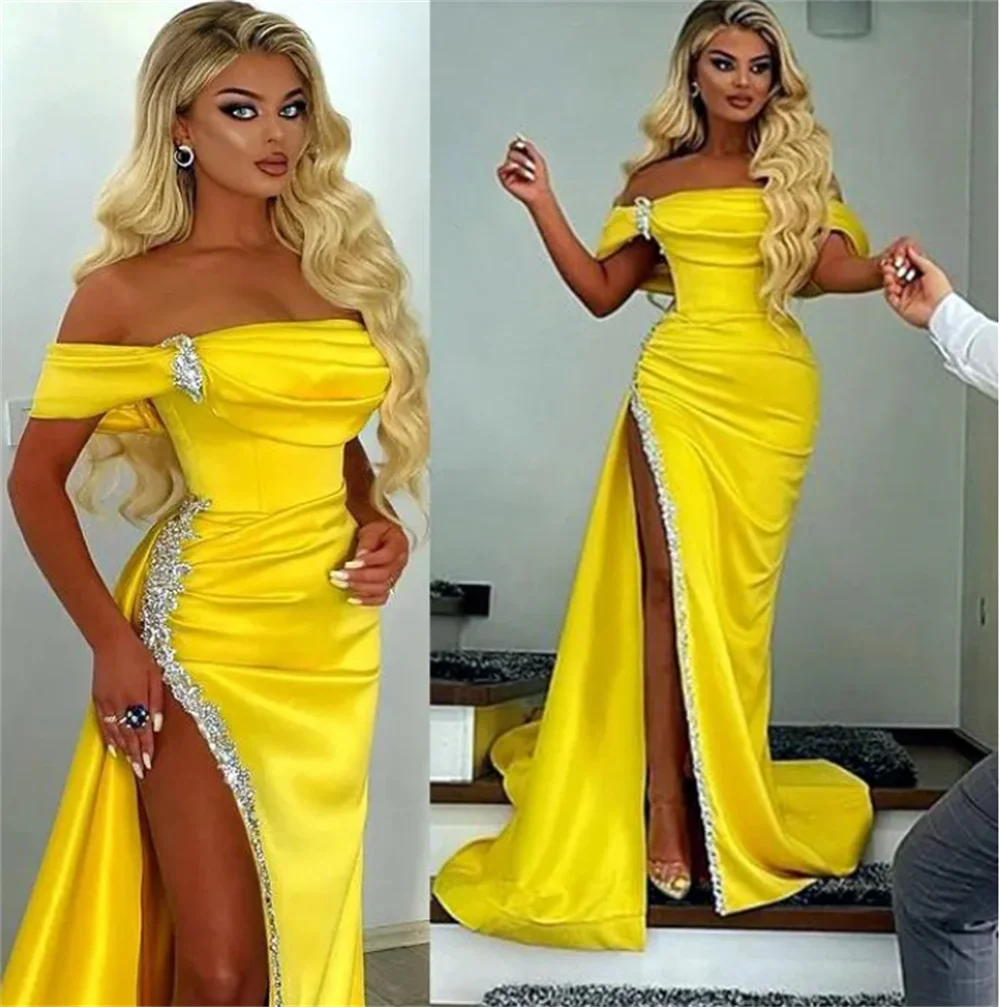 

2024 Sexy Plus Size Arabic Aso Ebi Yellow Crystals Prom Dresses High Split Sheath Evening Formal Party Robe De Soiree Femmes