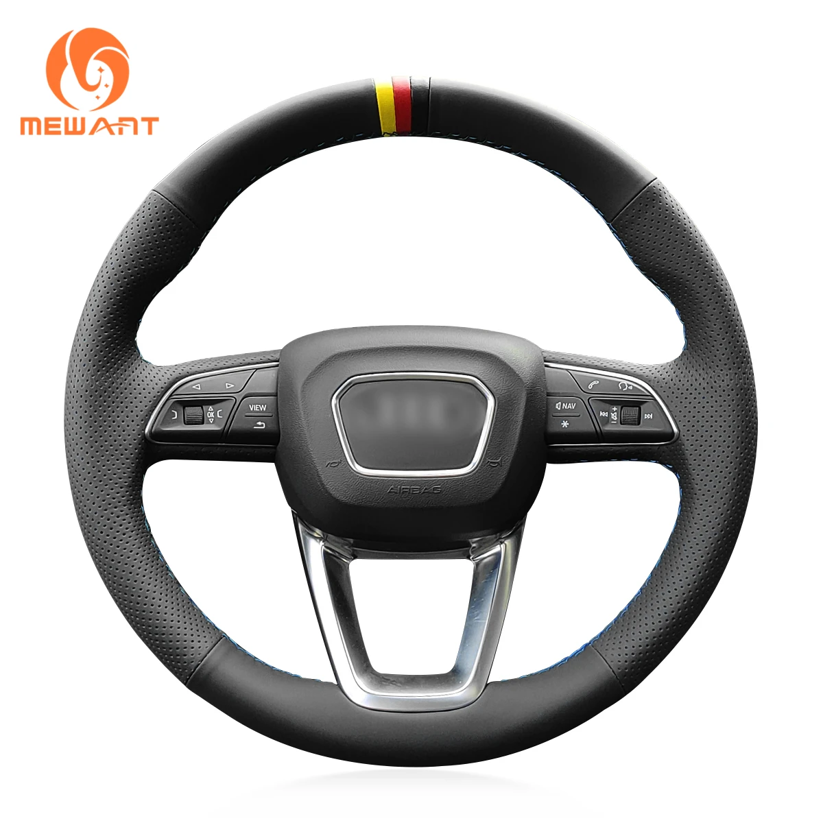 MEWANT Black Artificial Leather Car Steering Wheel Cover for Audi A4 B9 Avant Allroad Q3 Q5 SQ5 Q7 SQ7 Q8 SQ8 2005 2006 - 2019