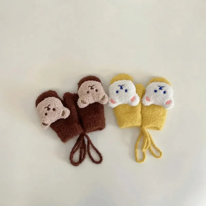 1-12 Years Children's Gloves Winter Bear Boys and Girls Plush Thickened Warm Finger-hung Neck Baby Gloves Neck Hanging winter gloves