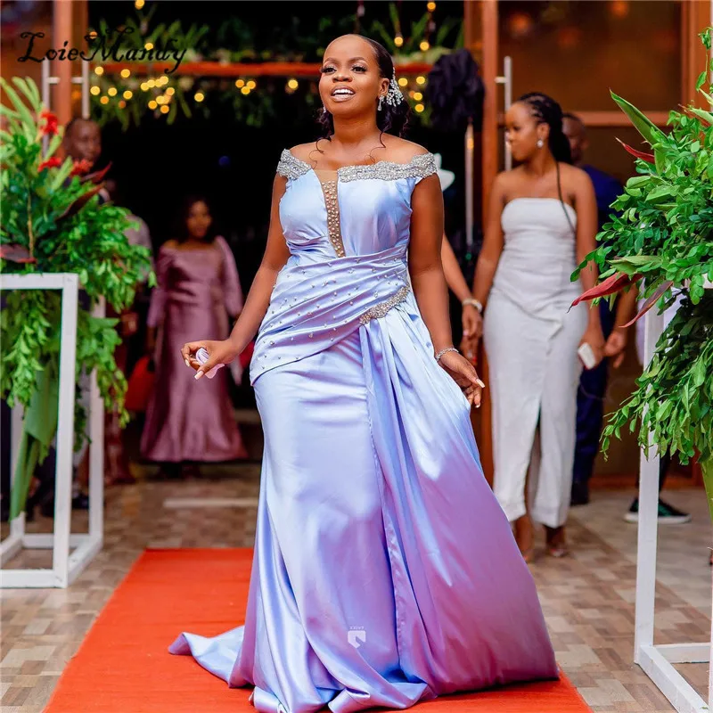 

Glitter Crystal Mermiad Evening Dress For Women Pearls Off Shoulder Trumpet Prom Party Gowns Ruffled African Reception Dresses