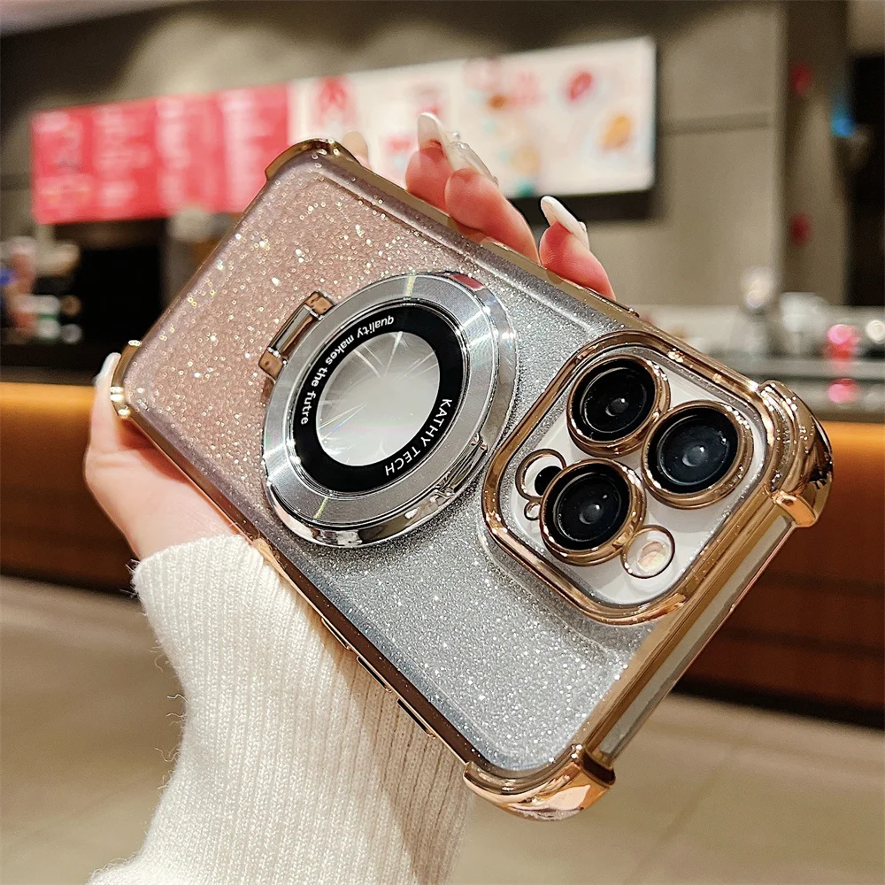 Farbverlauf Glitzer Magnetständer Klare Handyhülle für iPhone 15 14 Plus 13 12 11 Pro Max Bumper Objektivschutz Hard Cover_voghion.com