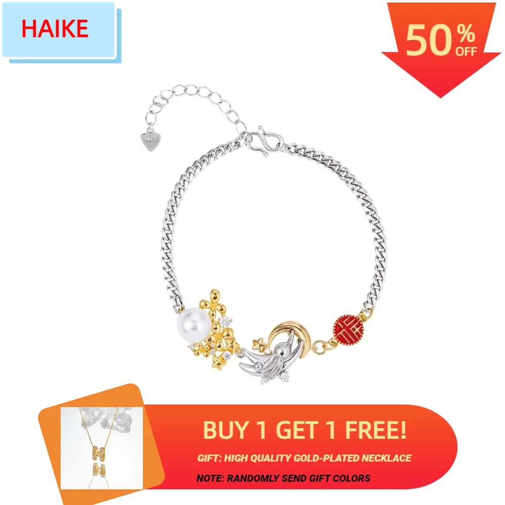 

Жемчужный браслет HAIKE S925 из чистого серебра, оригинальная Регулируемая цепочка с Луной и звездами, Уникальный двухцветный дизайн, милый кролик, уверенность в себе