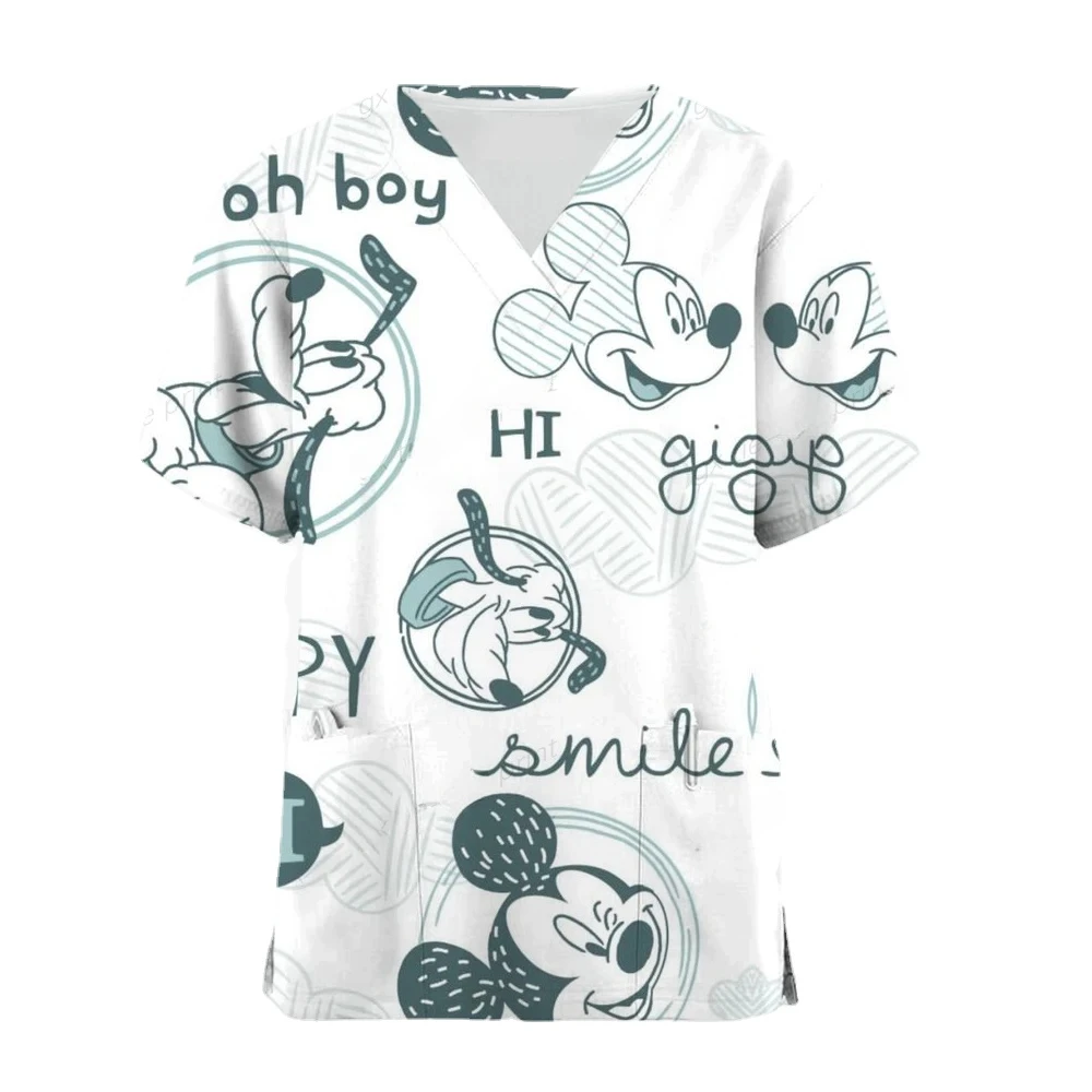 

Miniso Disney Mickey Mouse Nurse Medical Uniforms V-neck Short Sleeve Pocket Workwear Top Scrubs Medical Accessories Uniform
