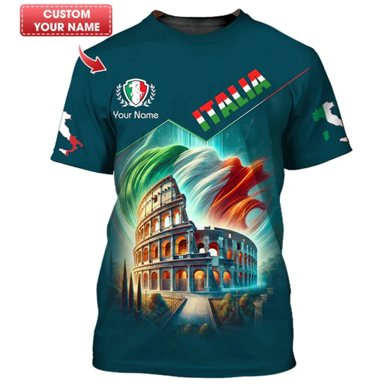 Italy Flag Print T-shirt For Men's Clothing Custom Name Short