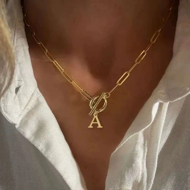 English Letter Initial Necklace 18K Gold Plated Stainless Steel OT Clasp Paper Clip Chain Necklace for Women