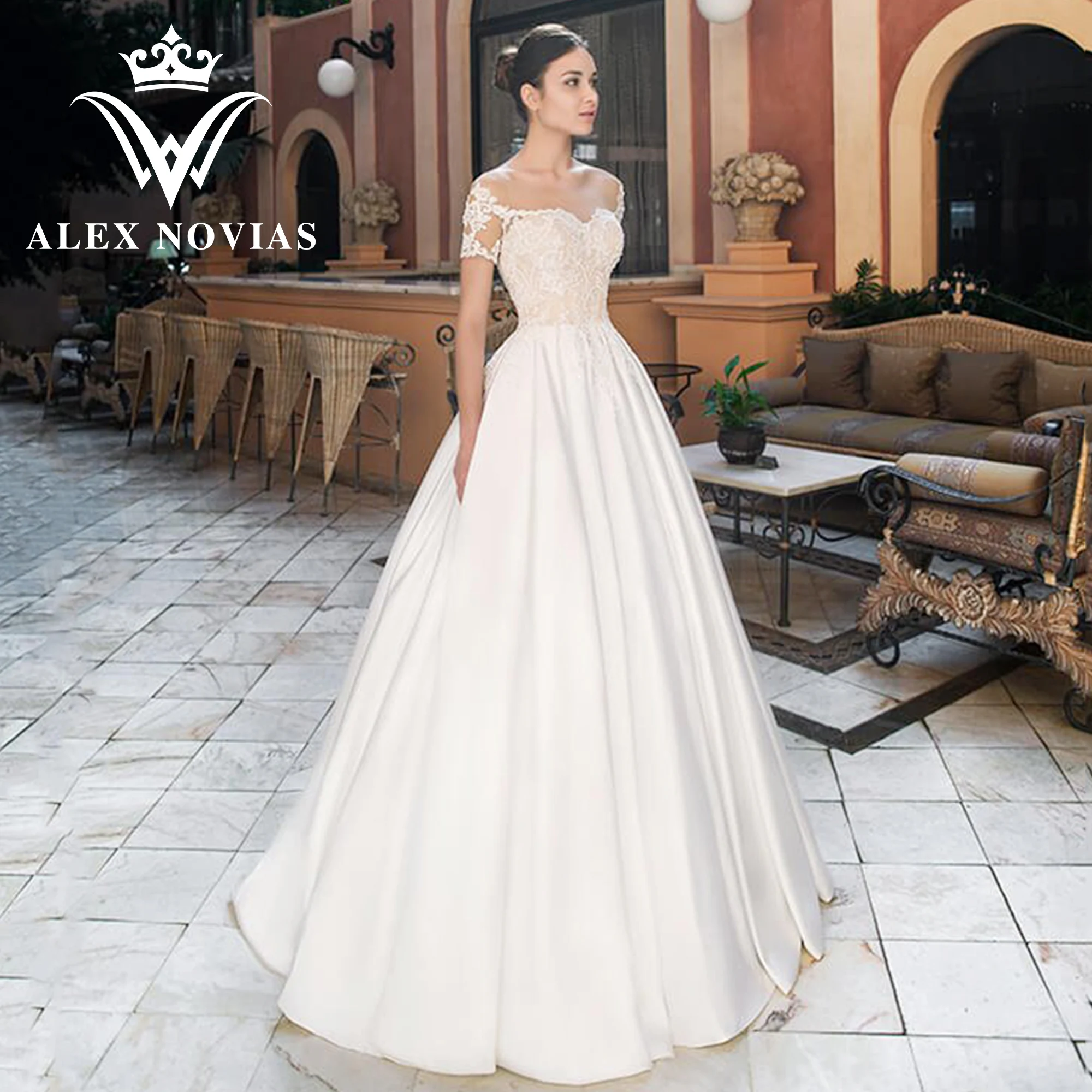 

ALEX NOVIAS A-Line Wedding Dresses 2023 Short Sleeve Sweetheart Appliques Illusion Satin Wedding Gown Vestidos Novias De Saten