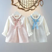 New In Spring Toddler Girl Dresses Korean Fashion Cute Bow Mesh Plaid Long Sleeve Princess Kids Dress Baby Clothes Outfit 2