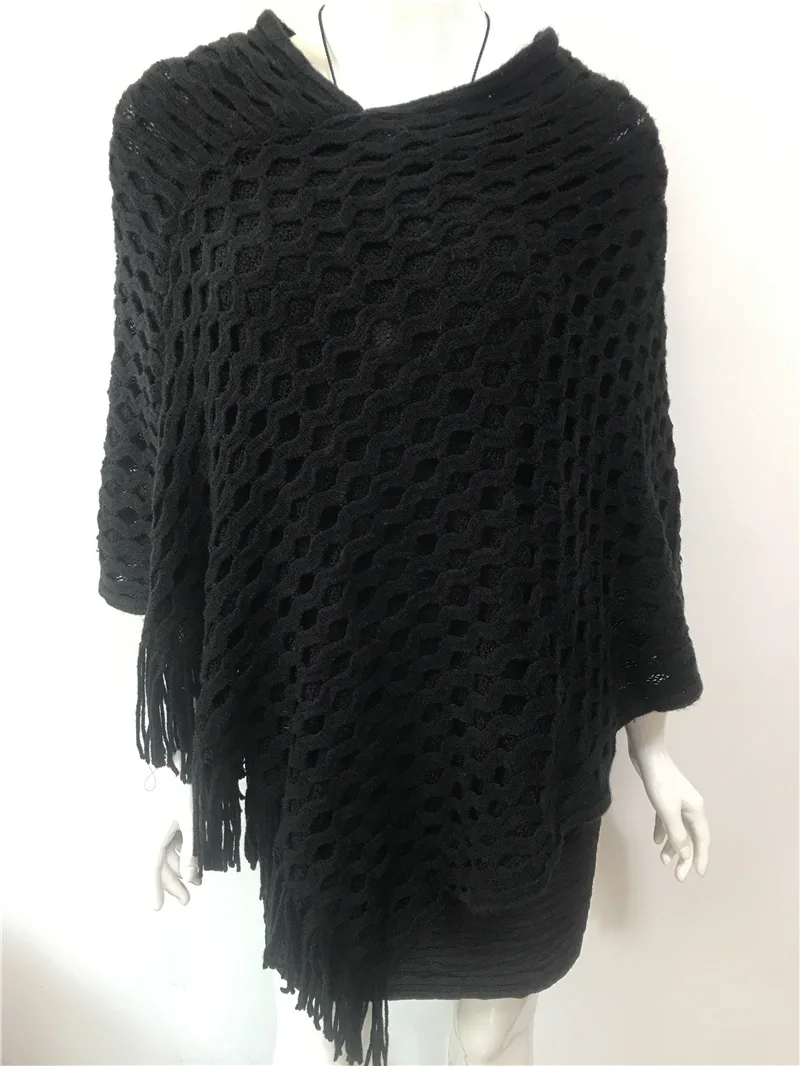 

2022 Spring Autumn Loose Tassel Large Pullover Sweater Women's Versatile Coat Medium Long Cape Shawl Mesh Sweater Black
