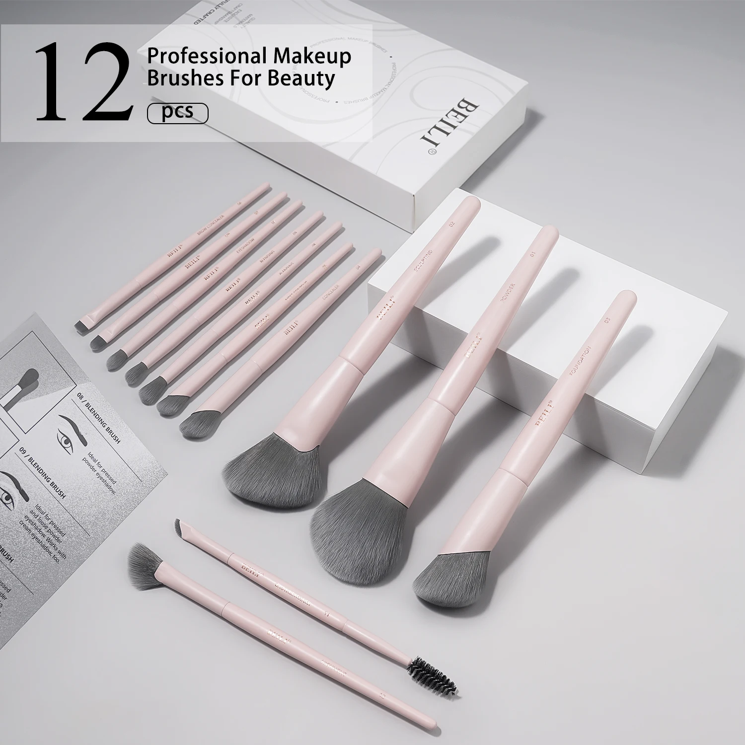 BEILI 비건 전문 메이크업 브러쉬 세트 12 Pcs 옥수수 대나무 실크 앵글 파우더 파운데이션 아이 섀도우 아이 라이너 브러쉬 화장품