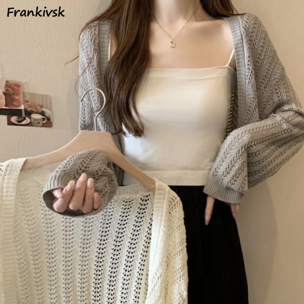 

Women Cardigan Hollow Out Graceful Versatile Tender Summer Long Sleeve Solid Stylish Soft Lightweight Sweet Korean Style Vintage