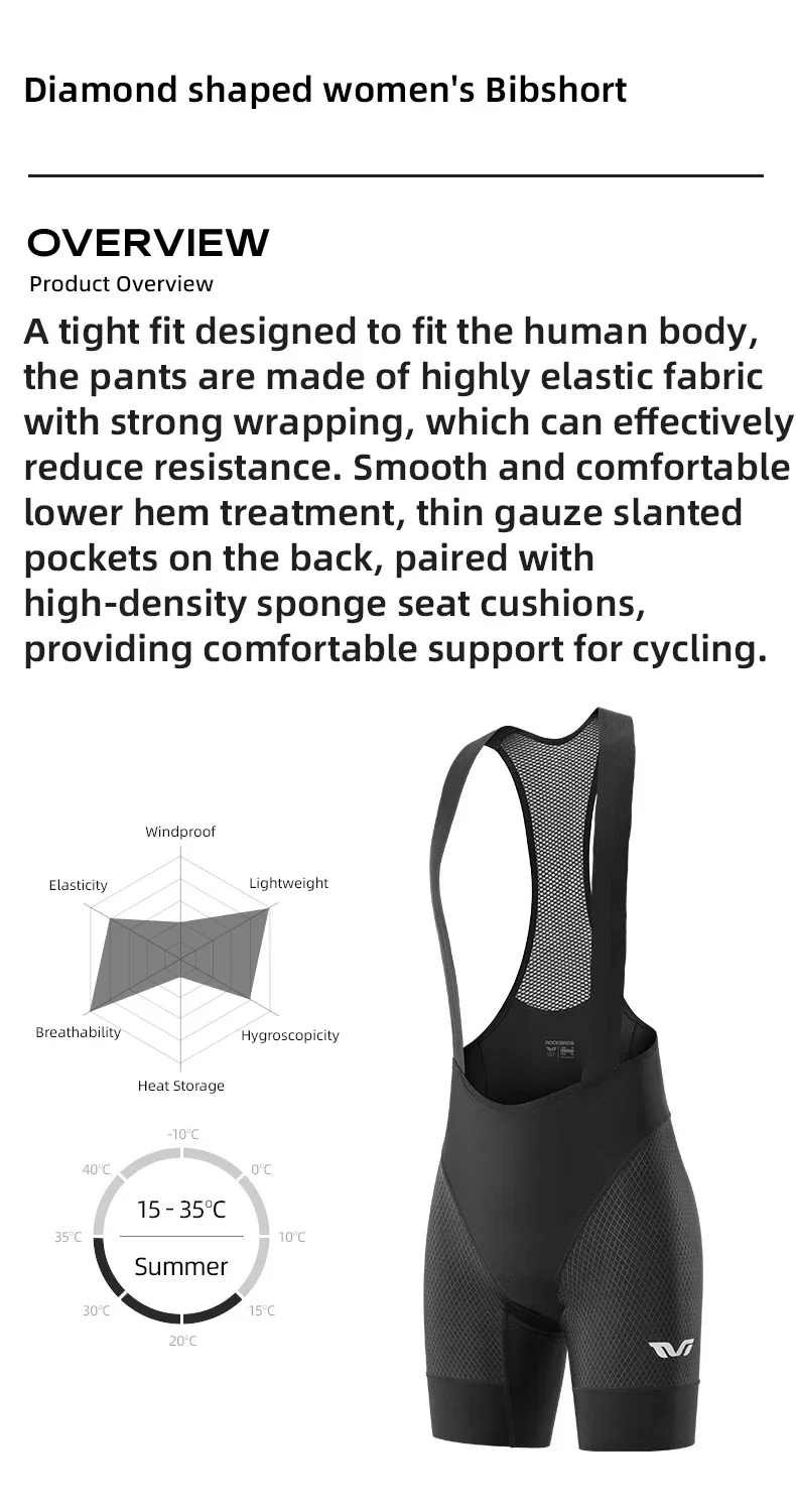 ROCKBROS TVI Series Cycling Bib Shorts Tights Bicycle Bib Short Breathable Summer Bike Underwear Elastic Quick-Dry Padded