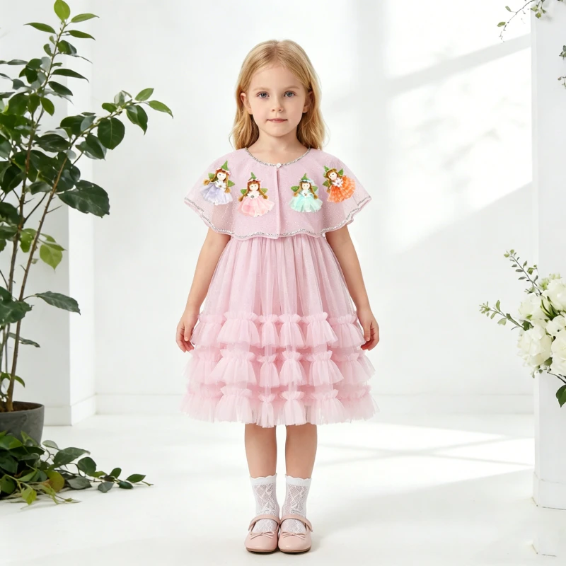 Kinderkleider und Anzüge Rosa Prinzessinnenkleid Handgefertigte 3D-Blumen Geburtstagskleider Formelle Partykleidung für Kinder Slip-Kleid Schal-Set