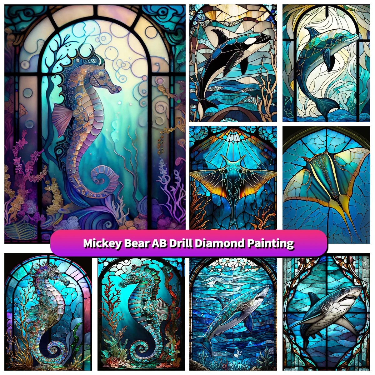 

Stained Glass Art AB Diamond Painting Marine Life Cross Stitch Kit Pixel Art Mosaic Embroidery Home Decor Children's Gift