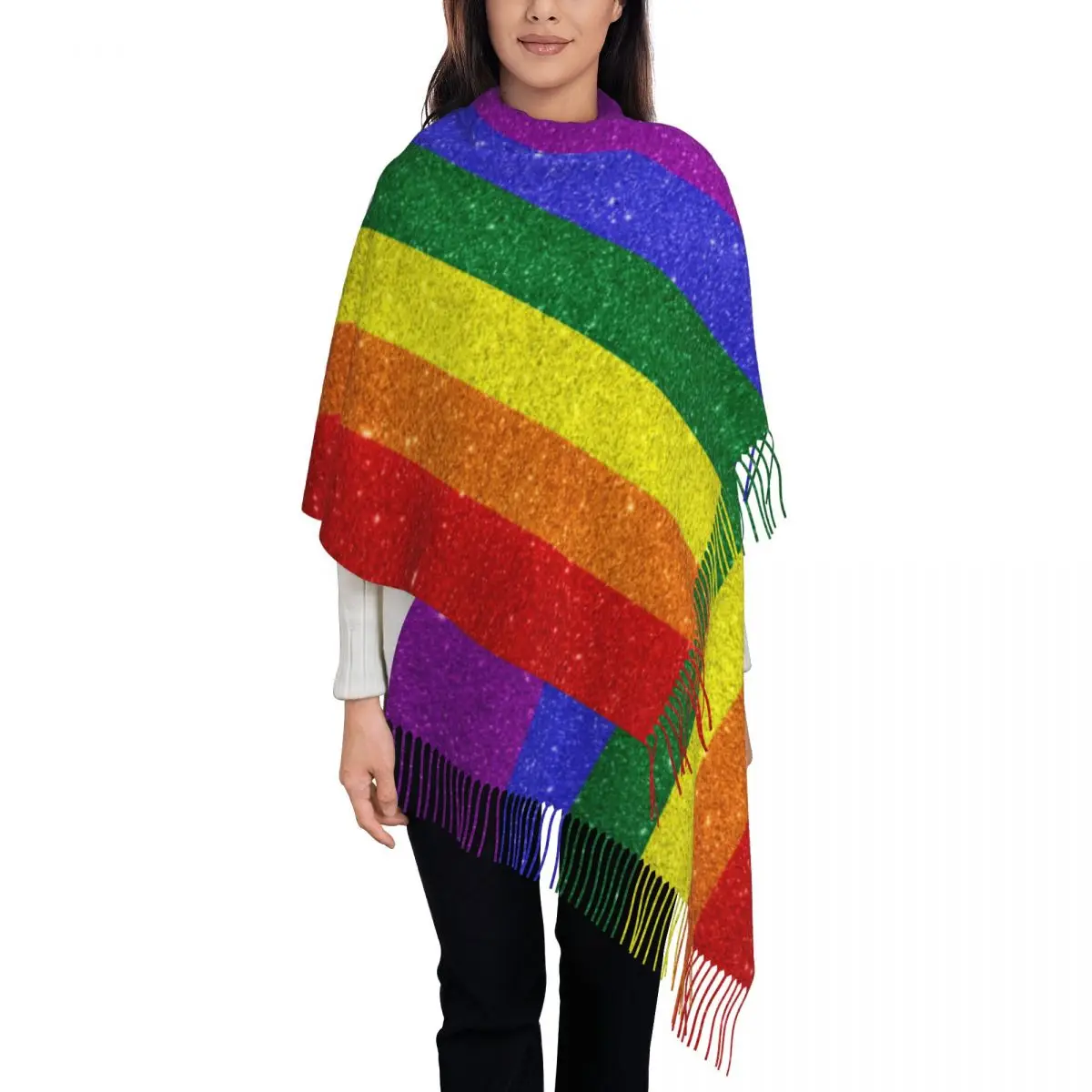 

Glitter Rainbow Pride Flag Women's Tassel Shawl Scarf Fashion Scarf