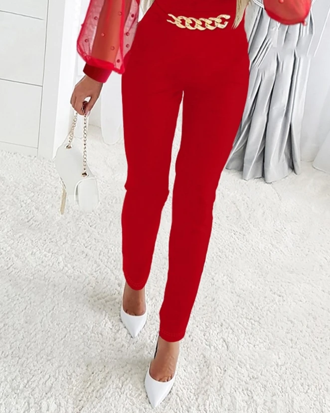 Elegant and Pretty Women's Jumpsuit Spring Beaded Sheer Mesh Patch Chain Decor Jumpsuit High Waisted Skinny Long Jumpsuit