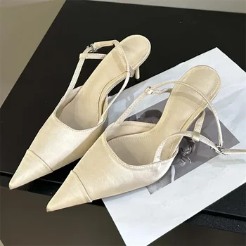 High Quality Satin Slingback Pumps Women Sexy Pointed Toe Back Strap Buckle High Heel Sandals Fashion Shallow Party Dress Shoes