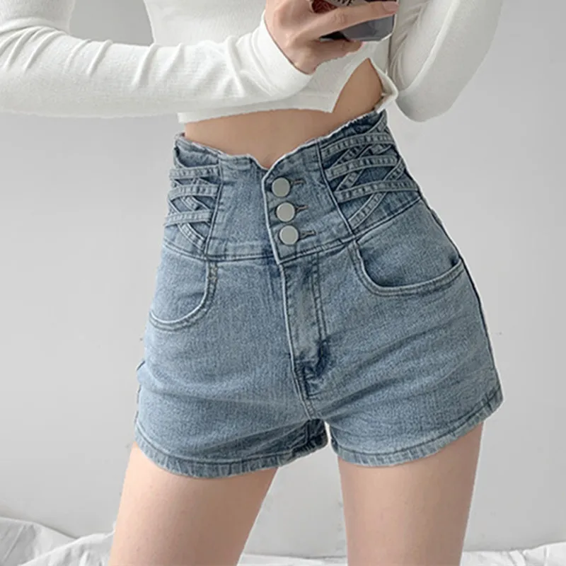 Shorts Women Summer High Waist Denim Criss-cross Design Korean Hot Girls Simple All-match Popular Retro A-line Slim Chic