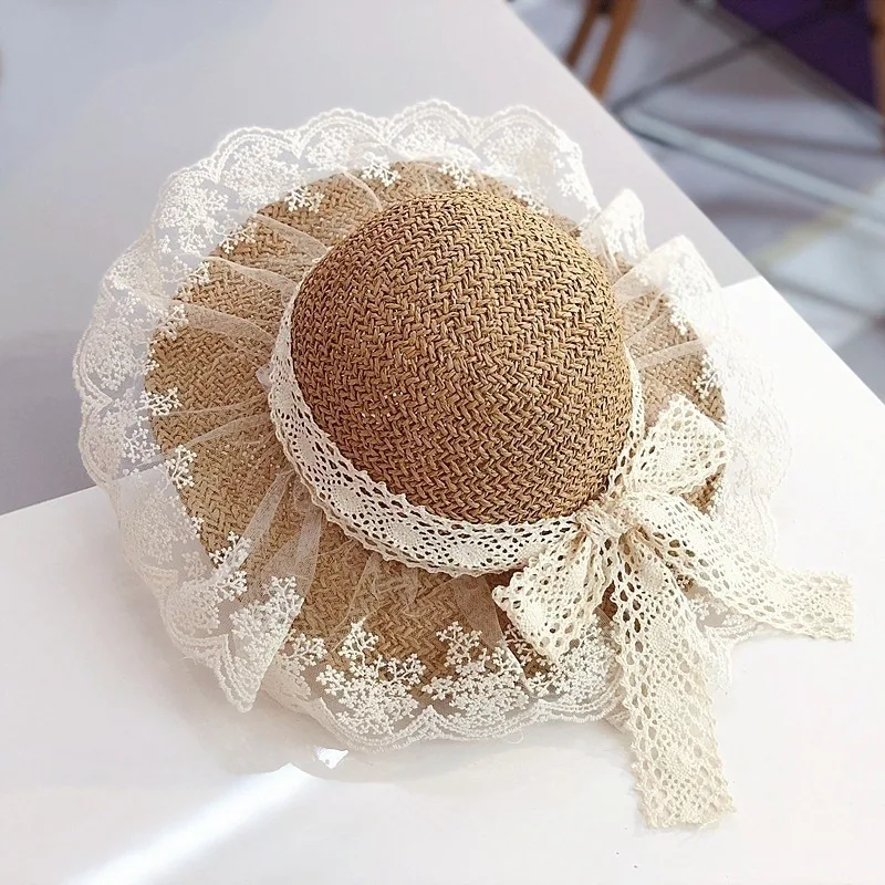 

Summer Children's Straw Hats Baby Girls Breathable Lace Cap Bow Beach Sun Wide Brim Kids Princess Travel Sunshade