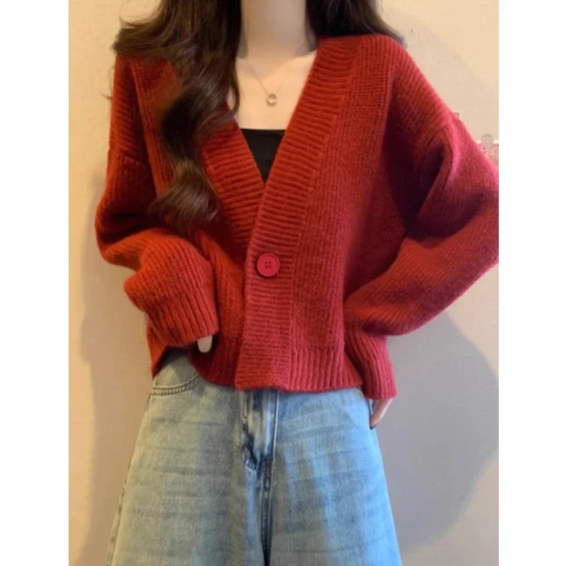 Fashion Elegant Loose Office Basic Casual Coats V-neck Women Cardigan Short Sweater Autumn Winter One Button Knitted Jackets