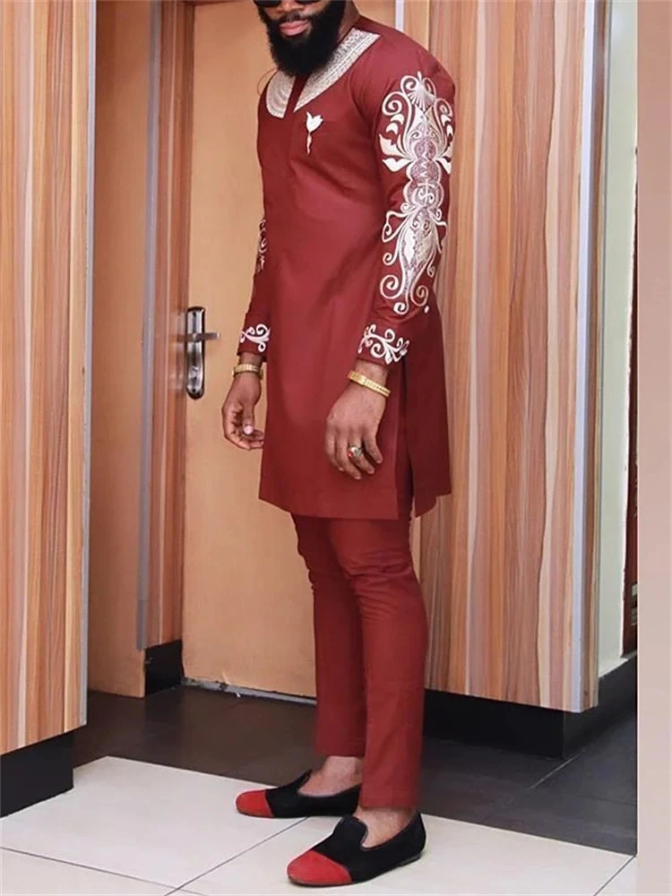 Men's casual wine red print two-piece suit